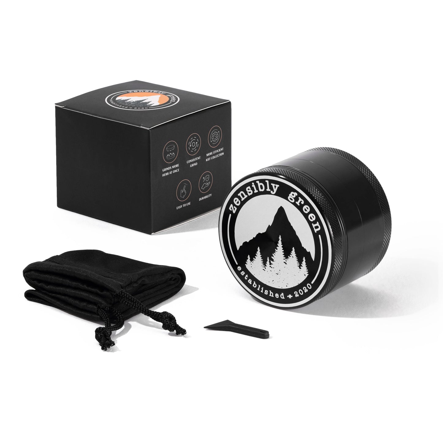 ZG1 Premium Herb Grinder 2.5 Inch - 4 Piece Aluminum Spice Mill with Magnetic Lid, Travel Case, Pollen Catcher and Scraper Tool - USA