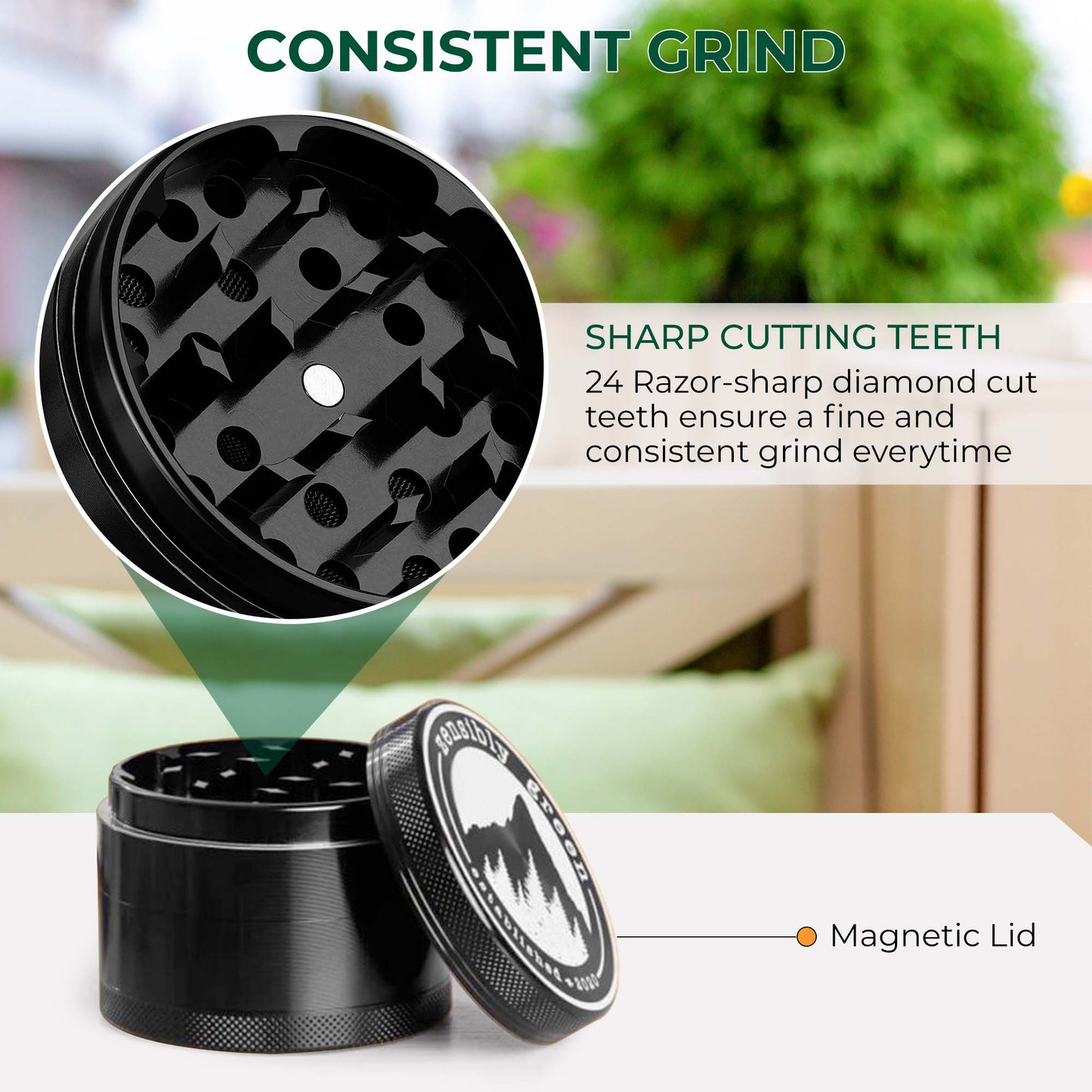 ZG1 Premium Herb Grinder 2.5 Inch - 4 Piece Aluminum Spice Mill with Magnetic Lid, Travel Case, Pollen Catcher and Scraper Tool - USA