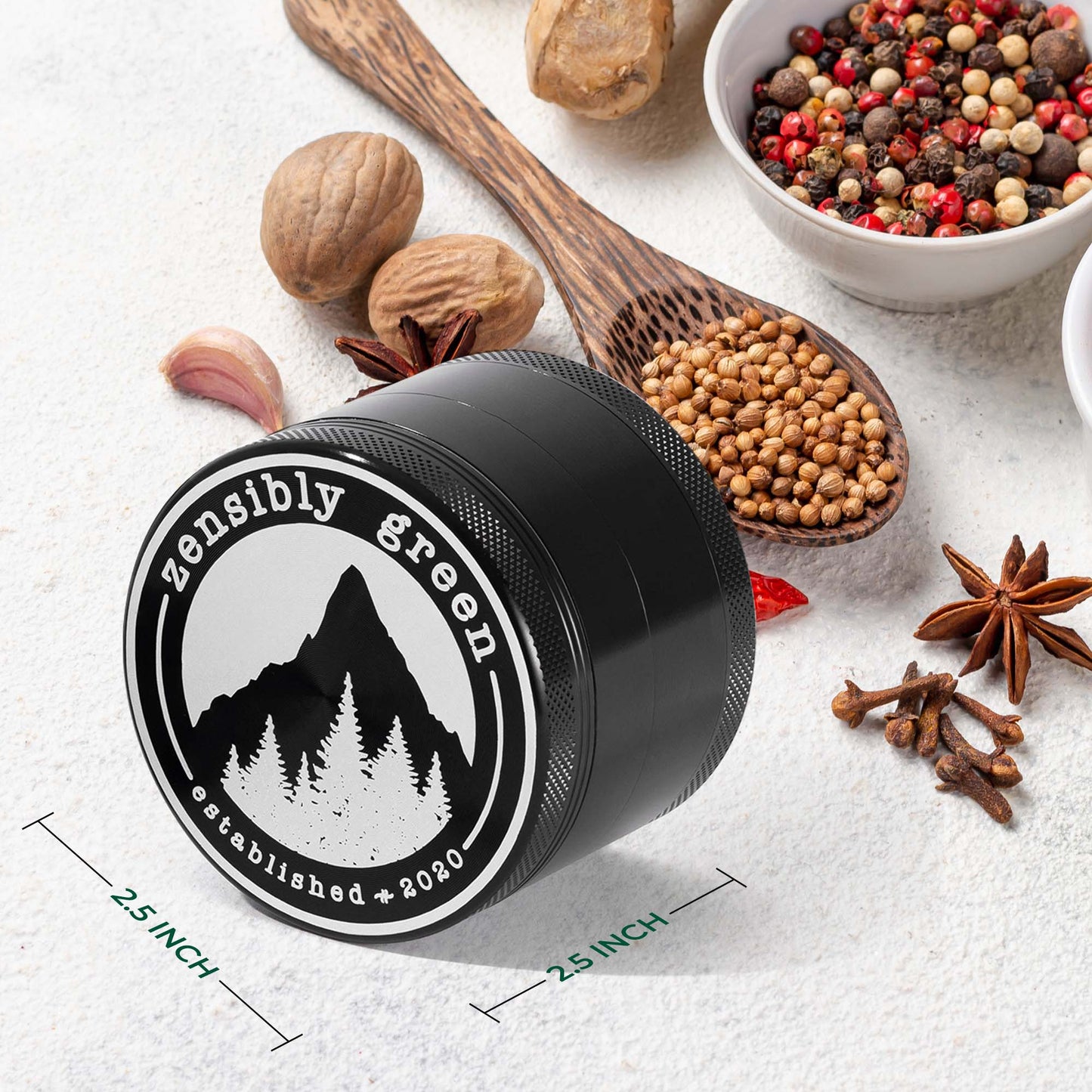 ZG1 Premium Herb Grinder 2.5 Inch - 4 Piece Aluminum Spice Mill with Magnetic Lid, Travel Case, Pollen Catcher and Scraper Tool - USA