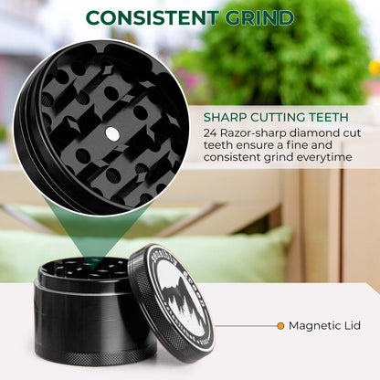 ZG1 Premium Herb Grinder 2.5 Inch - 4 Piece Aluminum Spice Mill with Magnetic Lid, Travel Case, Pollen Catcher and Scraper Tool - USA
